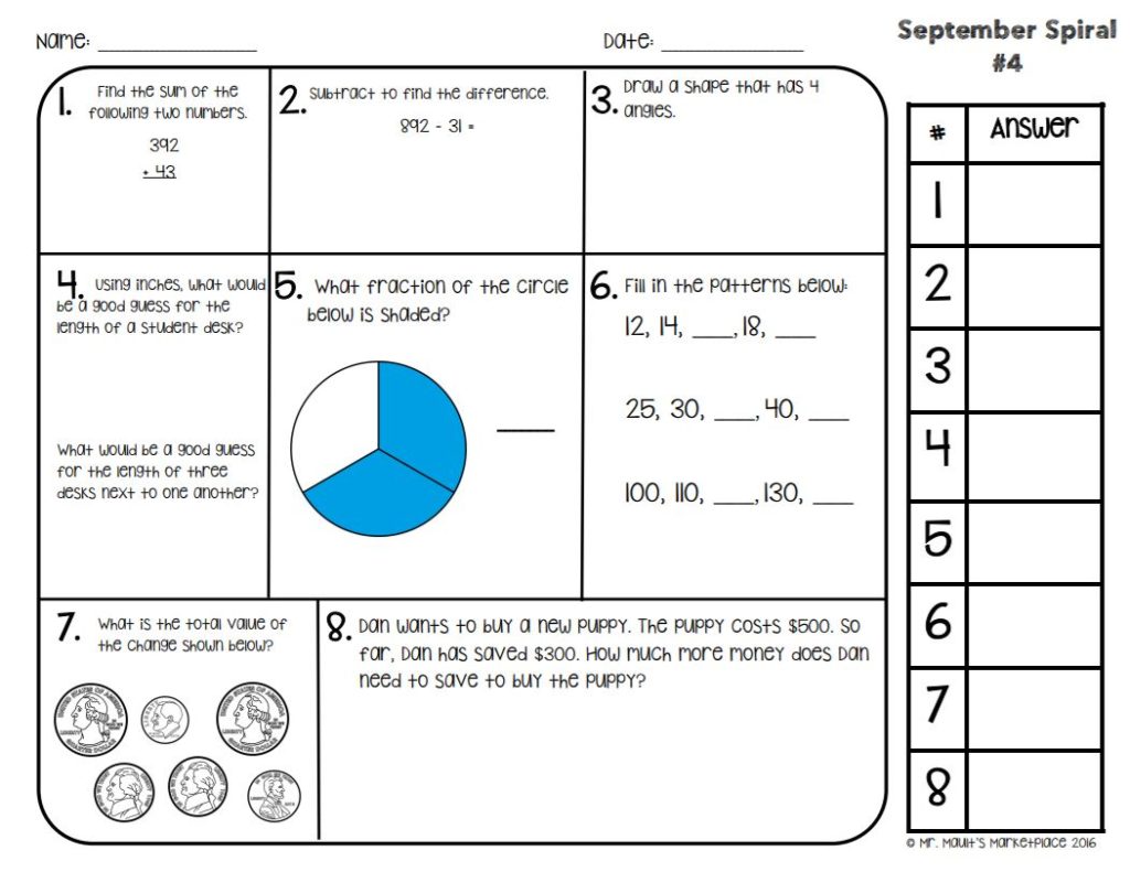 Daily Math Spiral Review Sample